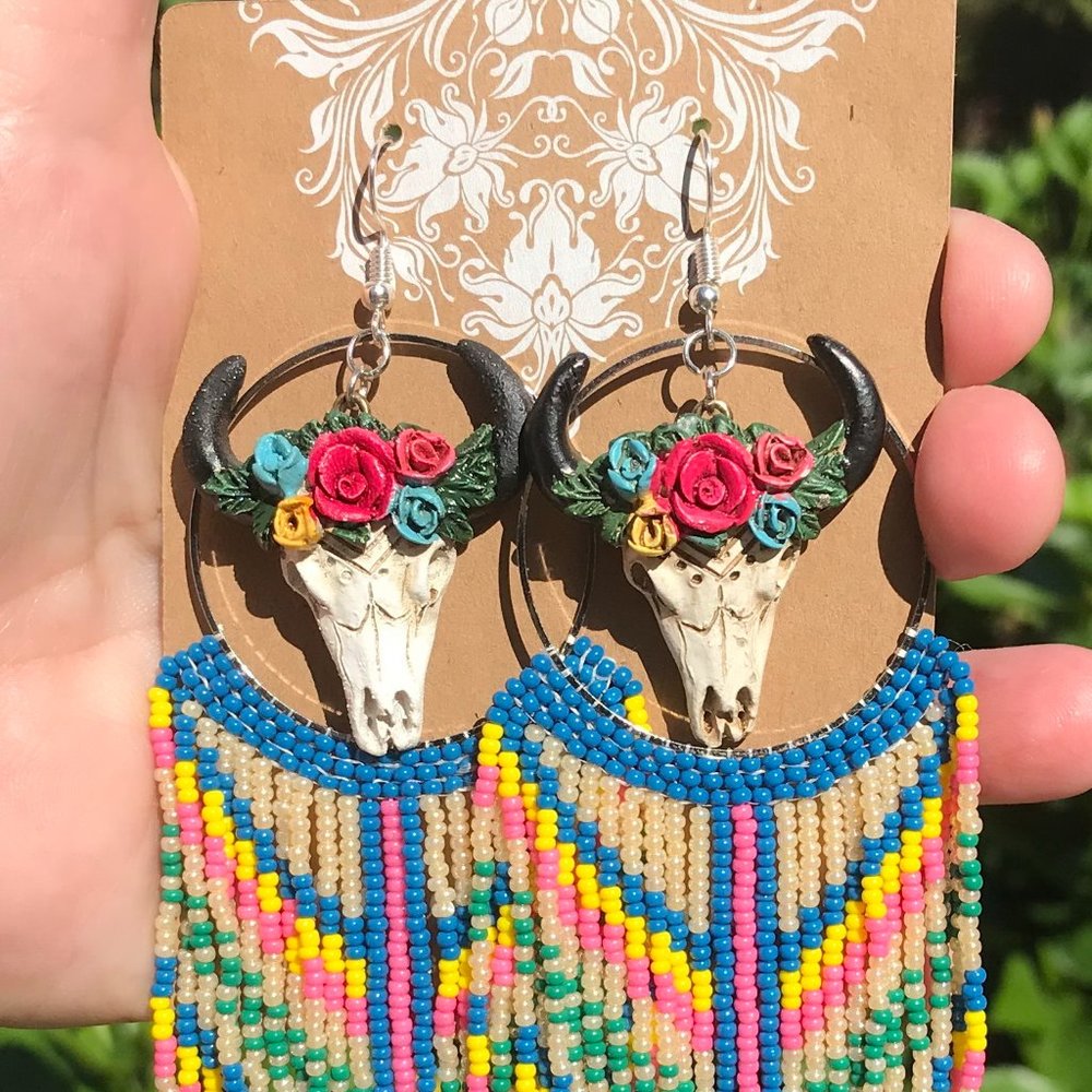 Native Bead Earrings Western Cow Skull Southwest Long Fringe Seed Bead Dangles